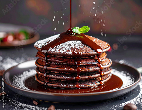 Chocolate pancakes with syrup and powdered sugar. AI
