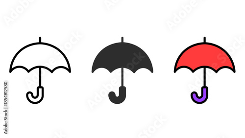 umbrella icon set on transparent background. set of three umbrella icons in outline glyph and flat color styles for weather protection isolated on transparent background