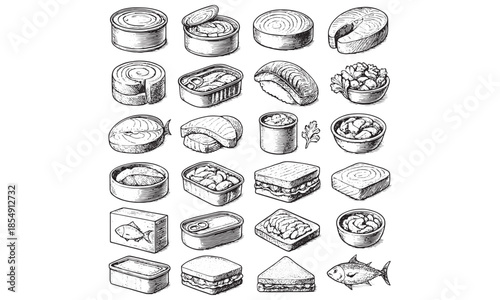 Canned Food Icons Set Preserved Fish Meat Vegetables Tin Can Vector Illustration