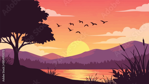 Serene sunset landscape with silhouetted tree mountains and flying birds
