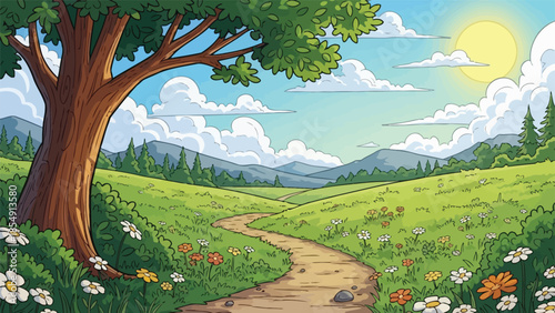 Serene landscape with a tree and a winding path in a green valley