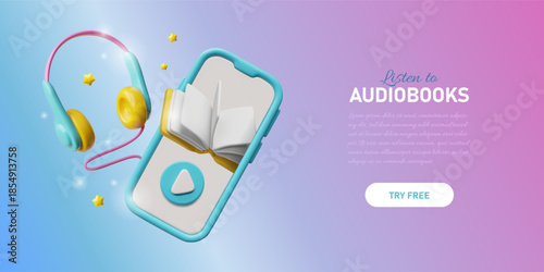 A 3D banner featuring a mobile phone with a button, a book, and headphones.