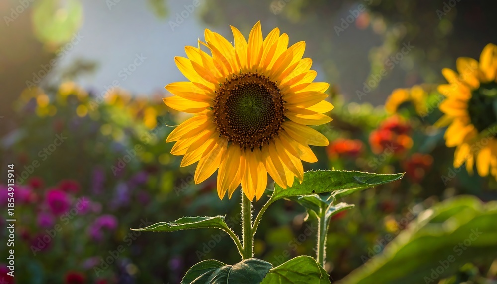 Fototapeta premium Vibrant sunflower, backlit by sun, blooms brightly in a lush garden scene with soft focus background flowers