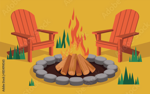 A serene campsite scene with a fire pit surrounded by Adirondack chairs in a peaceful outdoor setting