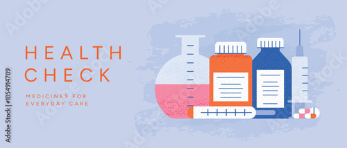 Health Check banner with Medicine Bottles, Syringe, Thermometer, Pills and Laboratory Flask. Healthcare Pharmacy concept, flat Vector Illustration with copy space on blue background.