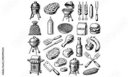 Barbecue Grill Icons Set BBQ Meat Skewers Burger Summer Vector Illustration