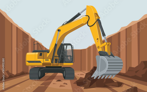 Excavator operating in a quarry with large piles of soil and earthmoving equipment in action