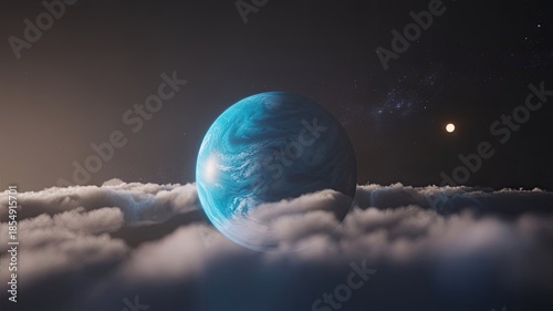 planet neptune generative ai. A large, glowing blue planet hovering just above a calm ocean under a starry night sky with scattered clouds