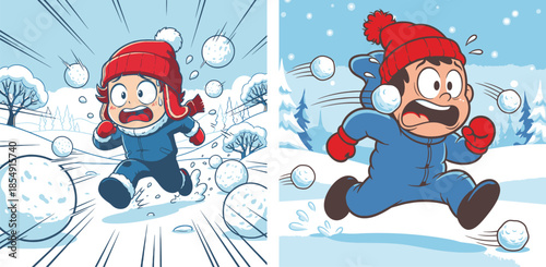 Children running away from snowballs during a winter snowball fight