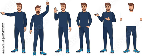 Casual bearded man character set illustration, multiple poses gestures, pointing presenting holding banner, modern male cartoon vector design concept, collection