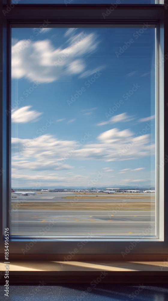 Fototapeta premium Window view with blue sky and clouds over landscape, calm background