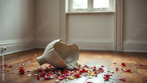 sedition. A shattered ceramic vase on a wooden floor with scattered flower petals in an empty room. wellbeing guides.