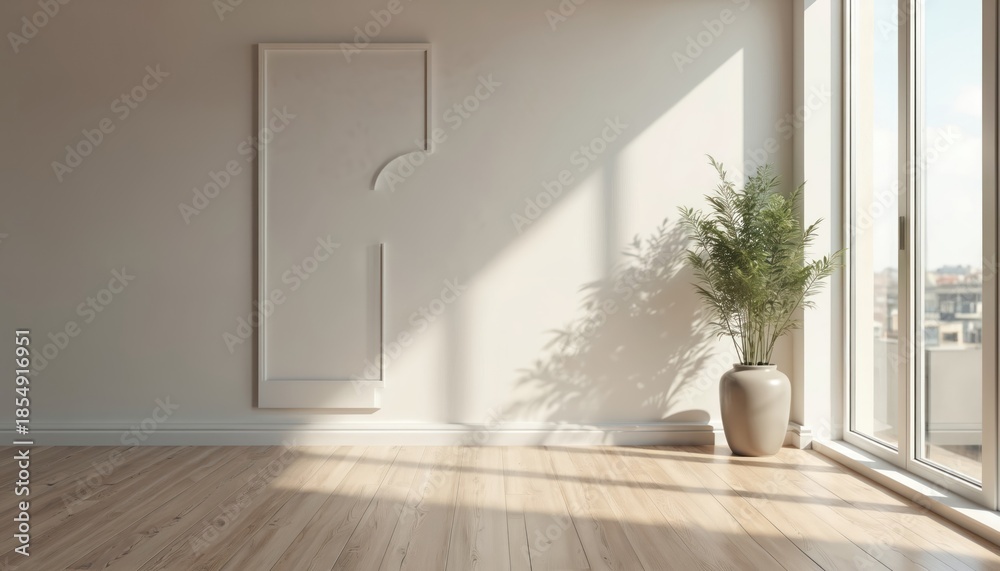 Fototapeta premium Minimalist room interior features clean white walls, natural light, wood floor. Tall potted plant adds touch of green near large window. Empty space for art display.