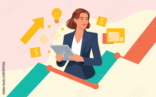 Businesswoman analyzing financial growth chart on digital tablet with creative ideas