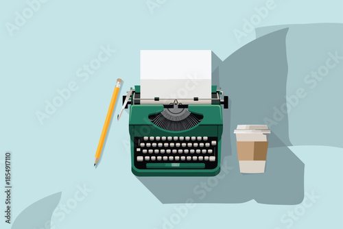 A vintage typewriter sits on a desk surrounded by stationery and a cup of coffee, viewed from directly above in a minimalist setting