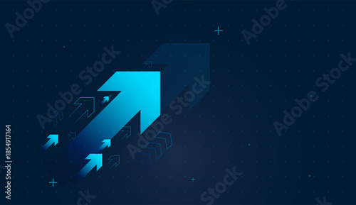 Smaller arrows rise behind it, echoing multiple investments gaining value. And bold blue arrow shoots upward, symbolizing strong financial growth