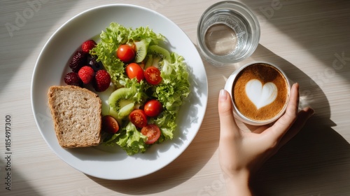 Healthy breakfast with salad and coffee home kitchen food photography bright natural light cozy atmosphere