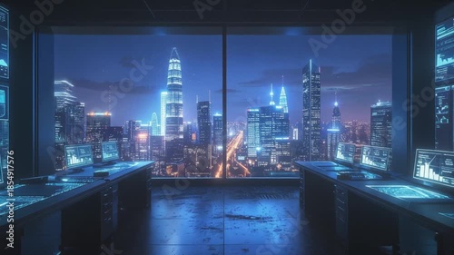 Futuristic High tech Control Room Overlooking a Modern City at Night