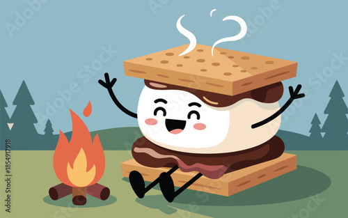 A marshmallow character enjoying a camping trip by a campfire in a serene forest landscape