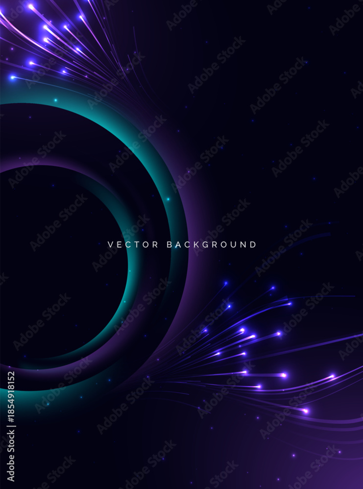 Obraz premium Abstract neon blue and purple circles light glowing particle on dark background. Poster for science concept.