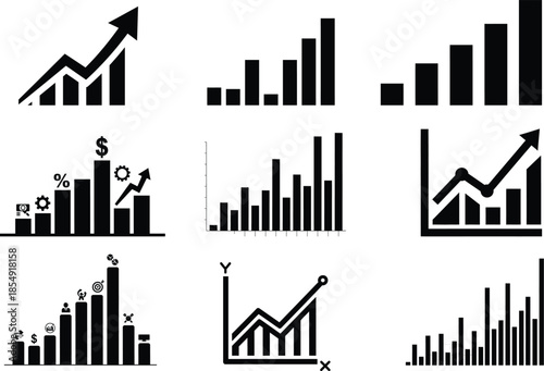 Collection of various bar graphs and charts with arrows and axes