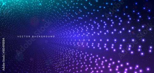 Glowing dotted swirlking tunnel on dark blue background. Abstract cyber futuristic background.