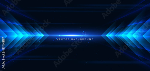Arrow blue glowing on dark background. Hi tech speed light concept.