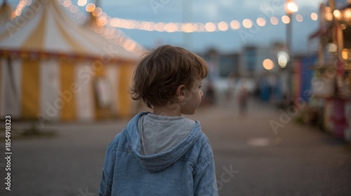Wallpaper Mural Young child, probably around 2-3 years old, standing in front of a carnival tent. the child is wearing a blue hoodie and has shoulder-length brown hair. Torontodigital.ca