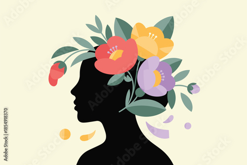 A serene silhouette of a person surrounded by vibrant flowers and leaves