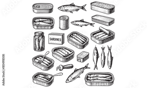 Canned Sardines Icons Set Tinned Fish Seafood Sardine Can Vector Illustration