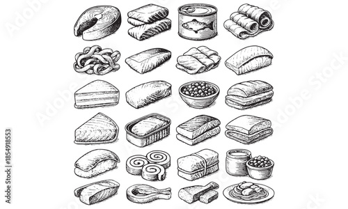 Canned Fish Icons Set Tuna Sardine Salmon Mackerel Seafood Vector Illustration