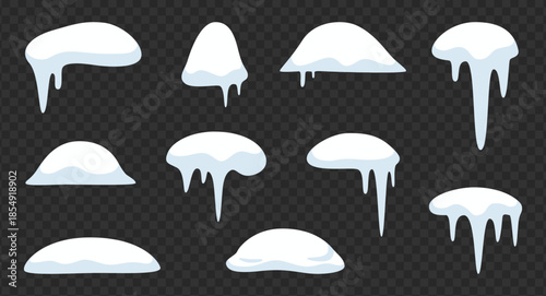 Snow edge elements collection with icy drips and frozen caps, ice melt flat vector illustration isolated on transparent background