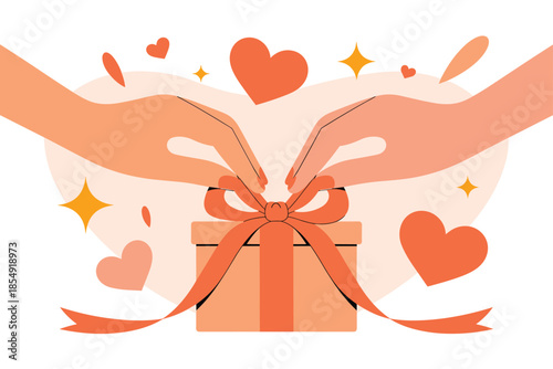 Hands presenting a beautifully wrapped gift box with ribbons and hearts surrounding it