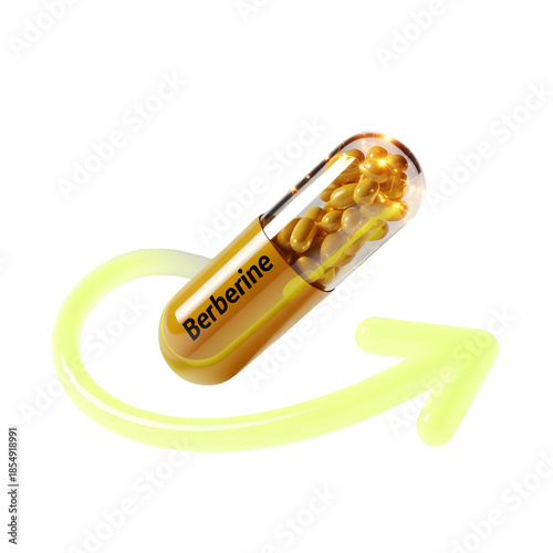 Berberine Supplement Capsule with Golden Pills Inside Isolated on Transparent Background