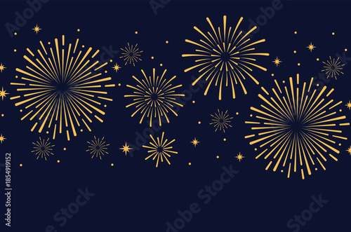 Elegant gold fireworks burst and sparkling stars on clean blue background, festive celebration illustration for New Year, holiday party, greeting card, luxury event design, minimalist style vector.