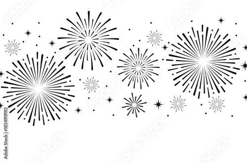 Elegant blue fireworks burst and sparkling stars on clean white background, festive celebration illustration for New Year, holiday party, greeting card, luxury event design, minimalist style vector.