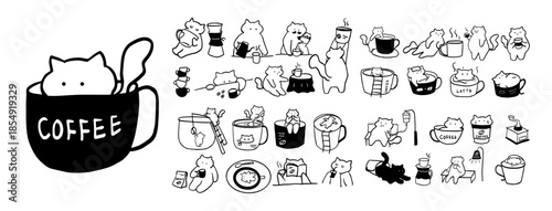 Cute Cats and Coffee Doodle Icons - Black and White Illustration Set