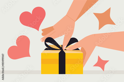 Hands exchanging a beautifully wrapped yellow gift box with black ribbon against a clean white background with floating hearts and sparkles