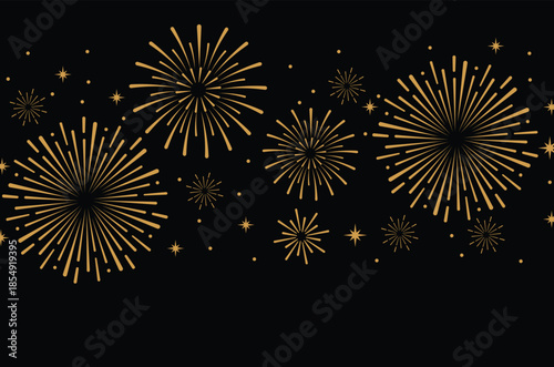 Elegant gold fireworks burst and sparkling stars on clean black background, festive celebration illustration for New Year, holiday party, greeting card, luxury event design, minimalist style vector.