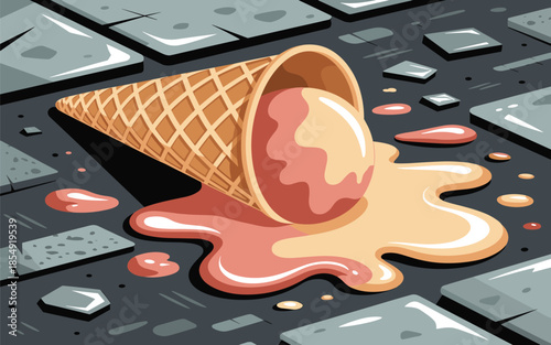 A melting ice cream cone lies on the ground with a puddle of ice cream surrounding it, viewed from directly above on a gray brick pavement.