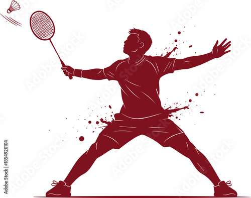 Badminton player silhouette illustration, dynamic sports action pose, shuttlecock smash, athlete movement, competition concept, isolated vector art design, modern background
