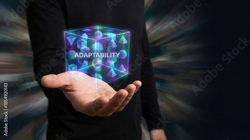 Wallpaper Mural 3d cube adaptability concept high level planning vision in hand glowing hologram shape symbolizing flexible strategy Torontodigital.ca