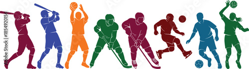 Colorful multi sport athlete silhouettes illustration featuring baseball basketball hockey soccer and volleyball dynamic action concept isolated on white background vector design