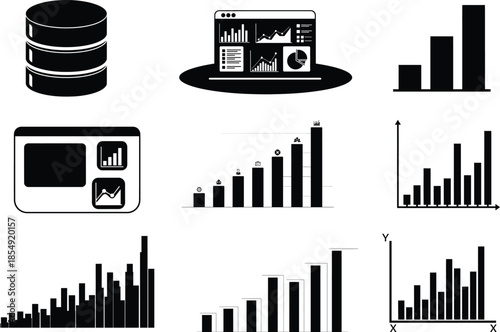 Collection of black and white business infographic elements and charts