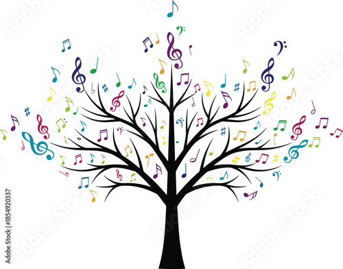 Musical tree illustration, colorful music notes growing from branches, abstract sound harmony concept, creative art, isolated vector design, modern background