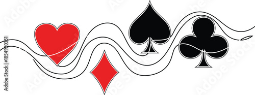 Playing card suit symbols illustration, heart diamond spade club icons, casino poker design, abstract wave line, isolated vector graphic artwork