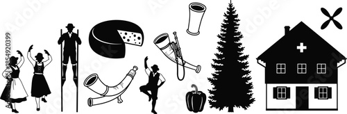 Swiss culture icons illustration featuring folk dance cheese alpine horn chalet pine tree symbols isolated on white background vector design