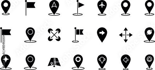 Map location pin icons set with navigation gps pointers flags and compass symbols for mobile app interface design.
