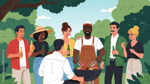 Happy diverse group of friends enjoying a lively outdoor summer barbecue party, grilling and sharing drinks in a vibrant natural park setting