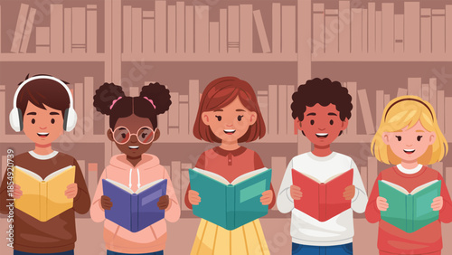 Diverse Group of Joyful Children Reading Books in a Library Setting, Emphasizing Education and Lifelong Learning through Engaging Graphic Illustration
